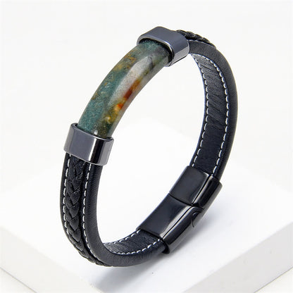 Buddhist Blessing Lazurite Tiger Eye Rhodonite Hematite Black Onyx Stone Balance Leather Bracelet