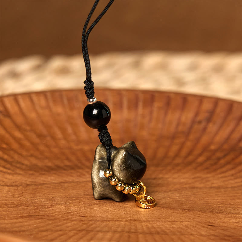 Buddhist Blessing Silver Sheen Obsidian Black Obsidian Gold Sheen Obsidian Cute Cat Fu Character Protection Key Chain Phone Hanging Decoration