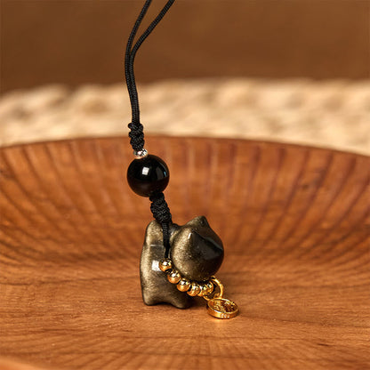 Buddhist Blessing Silver Sheen Obsidian Black Obsidian Gold Sheen Obsidian Cute Cat Fu Character Protection Key Chain Phone Hanging Decoration