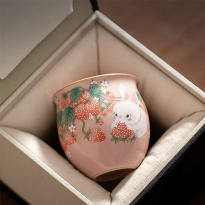 Buddhist Blessing Small Strawberry Rabbit Teacup Kung Fu Tea Cup 90ml With Gift Box