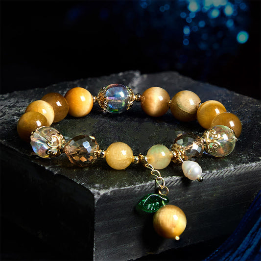 Buddhist Blessing Natural Tiger Eye Beads Green Leaf Courage Bracelet