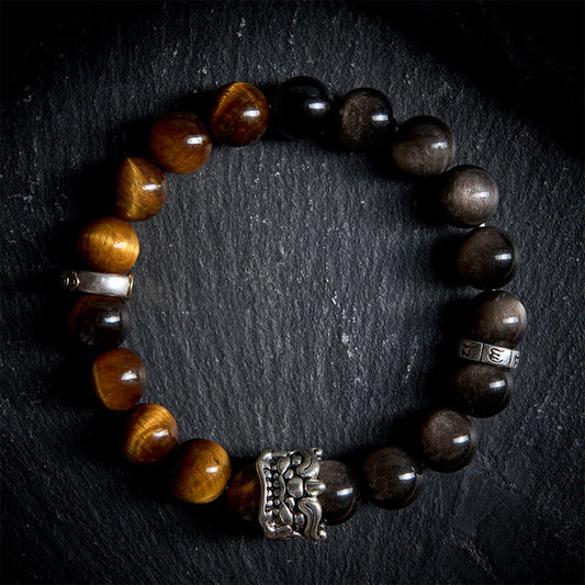 Buddhist Blessing Tiger Eye Silver Sheen Obsidian Om Mani Padme Hum Horse PiXiu Beast Courage Bracelet