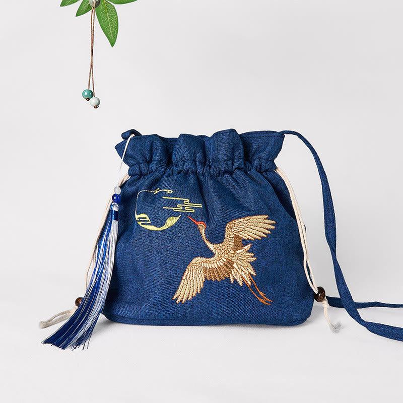 Buddhist Blessing Embroidered Navy Blue Crane Cotton Linen Crossbody Bag Shoulder Bag
