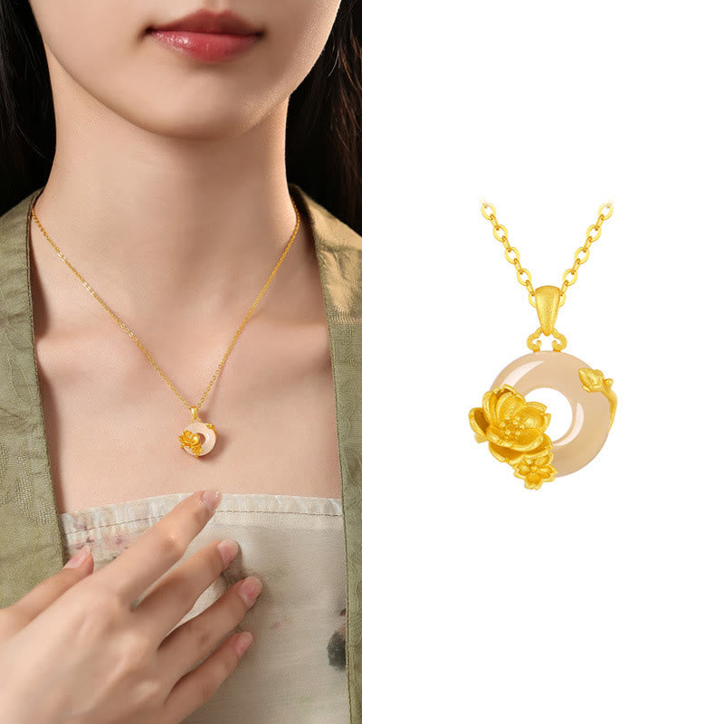 Buddhist Blessing Chalcedony 925 Sterling Silver Peace Buckle Flowers Necklace Pendant