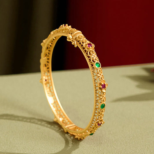 Buddhist Blessing Hollow Design Copper Plated Gold Flower Luck Bracelet Bangle