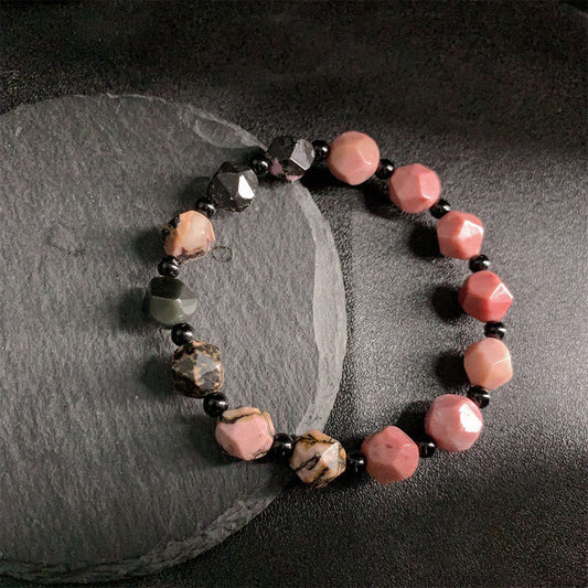 Buddhist Blessing Natural Rhodonite Black Line Red Spot Stone Polygon Beads Healing Bracelet