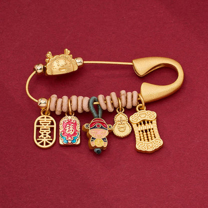 Buddhist Blessing Dragon Fu Character Attract Fortune Brass Protection Brooch