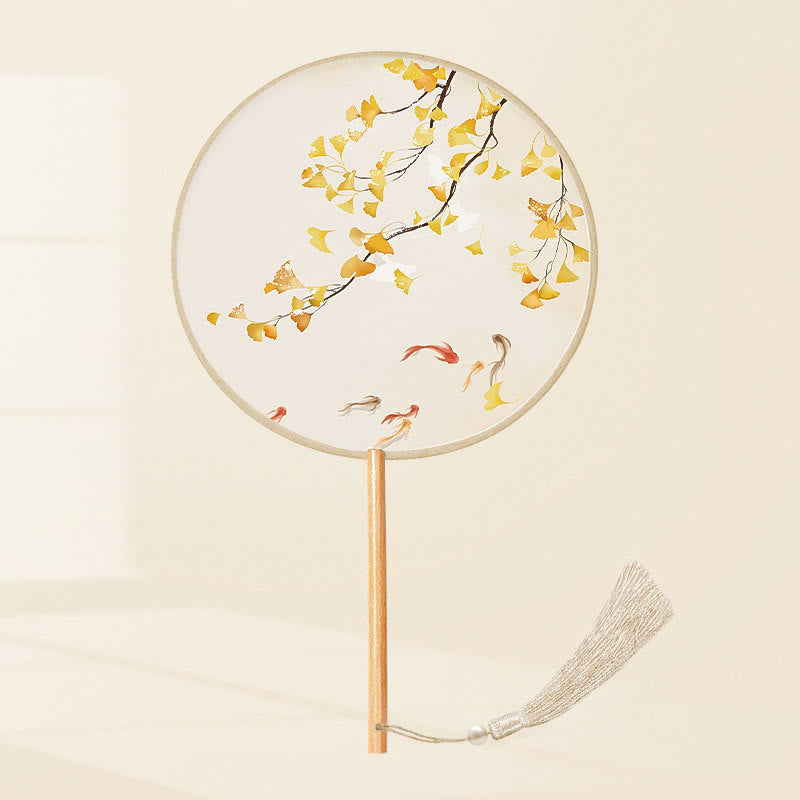 Buddhist Blessing Ginkgo Leaf Koi Fish Cherry Blossom Spring Flowers Handheld Wood Handle Fan