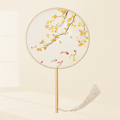 Buddhist Blessing Ginkgo Leaf Koi Fish Cherry Blossom Spring Flowers Handheld Wood Handle Fan