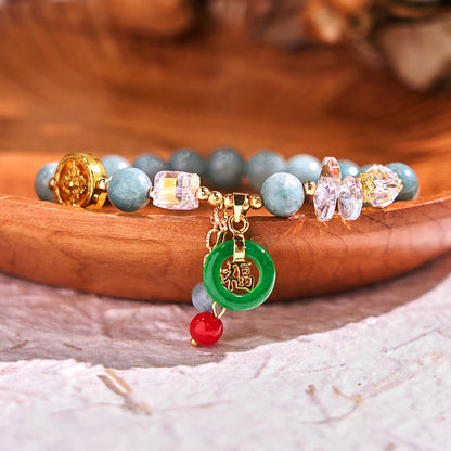 Buddhist Blessing Strawberry Quartz Jade Fu Character Charm Healing Bracelet
