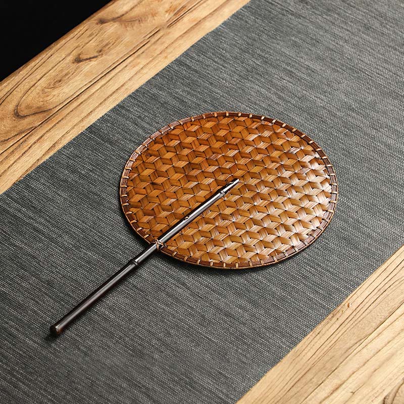 Buddhist Blessing Chinese Style Handmade Bamboo Woven Round Oval Banana Shape Long Handle Fan