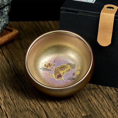 Buddhist Blessing Handmade Chinese Jianzhan Koi Fish Lotus Leaf Ceramic Teacup Kung Fu Tea Cup 150ml