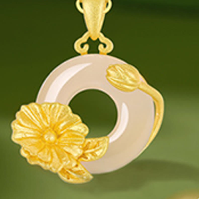 Buddhist Blessing Chalcedony 925 Sterling Silver Peace Buckle Flowers Necklace Pendant