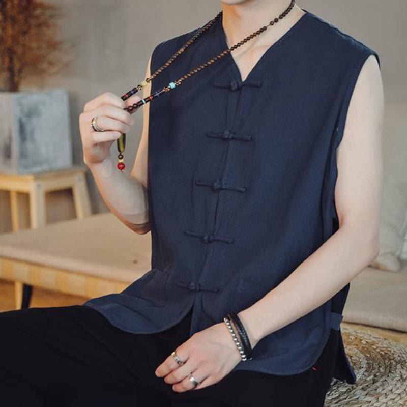 Buddhist Blessing Casual Chinese Frog-Button Men's Cotton Vest Waistcoat With Pockets