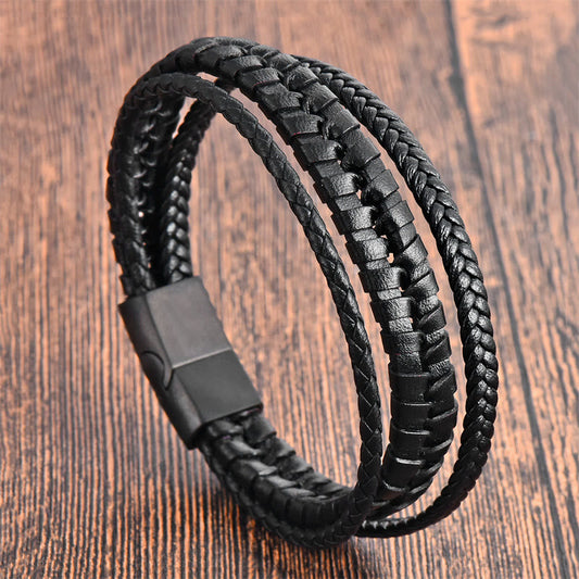 Buddhist Blessing Simple Braided Pattern Titanium Steel Strengthen Multi-layer Leather Buckle Bracelet