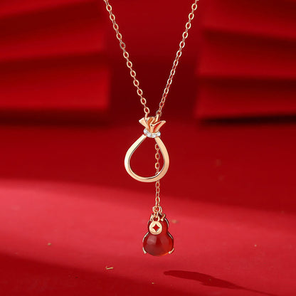 Buddhist Blessing Red Agate Chalcedony 925 Sterling Silver Gourd Lucky Bag Confidence Necklace Pendant