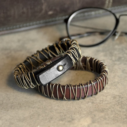 Buddhist Blessing Vintage Leather Copper Brass Wire Wrap Balance Bracelet