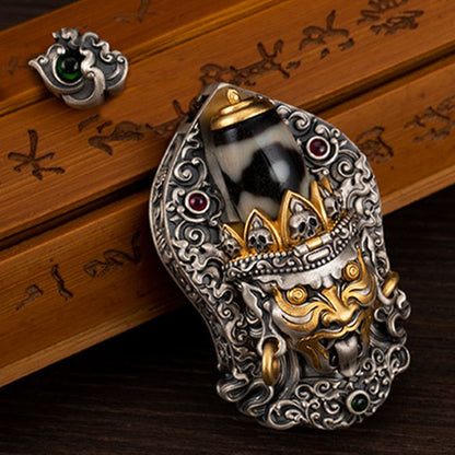 Buddhist Blessing 925 Sterling Silver Tibetan Zakiram Goddess of Wealth Dzi Bead Protection Necklace Pendant
