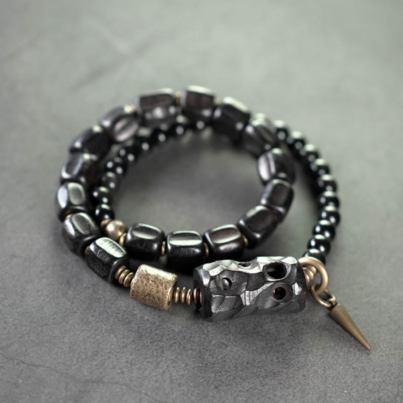 Buddhist Blessing Ebony Wood Black Obsidian Copper Brass Peace Double Wrap Bracelet