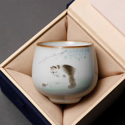 Buddhist Blessing Cute Cat Branches Teacup Kung Fu Tea Cup With Gift Box