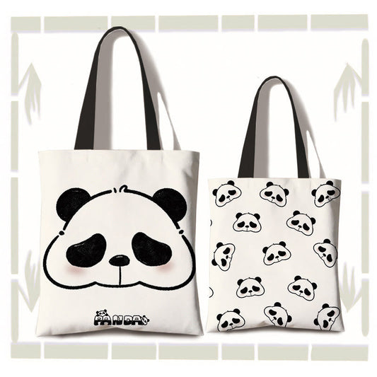 Buddhist Blessing Large Capacity Handmade Canvas Cute Panda Commuter Shoulder Bag Shopping Bag