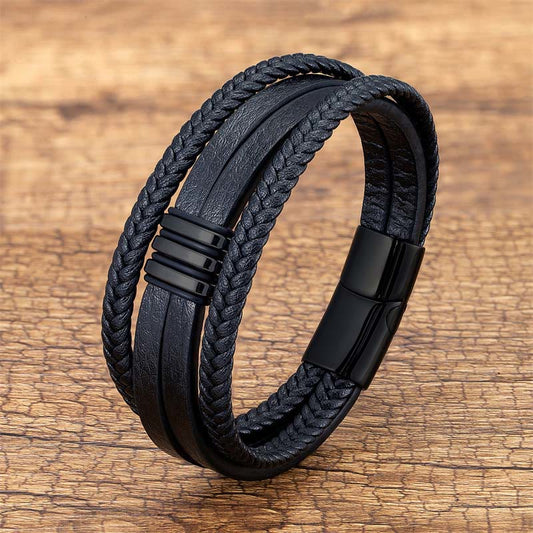 Buddhist Blessing Handmade Braided Leather Calm Titanium Steel Buckle Bracelet