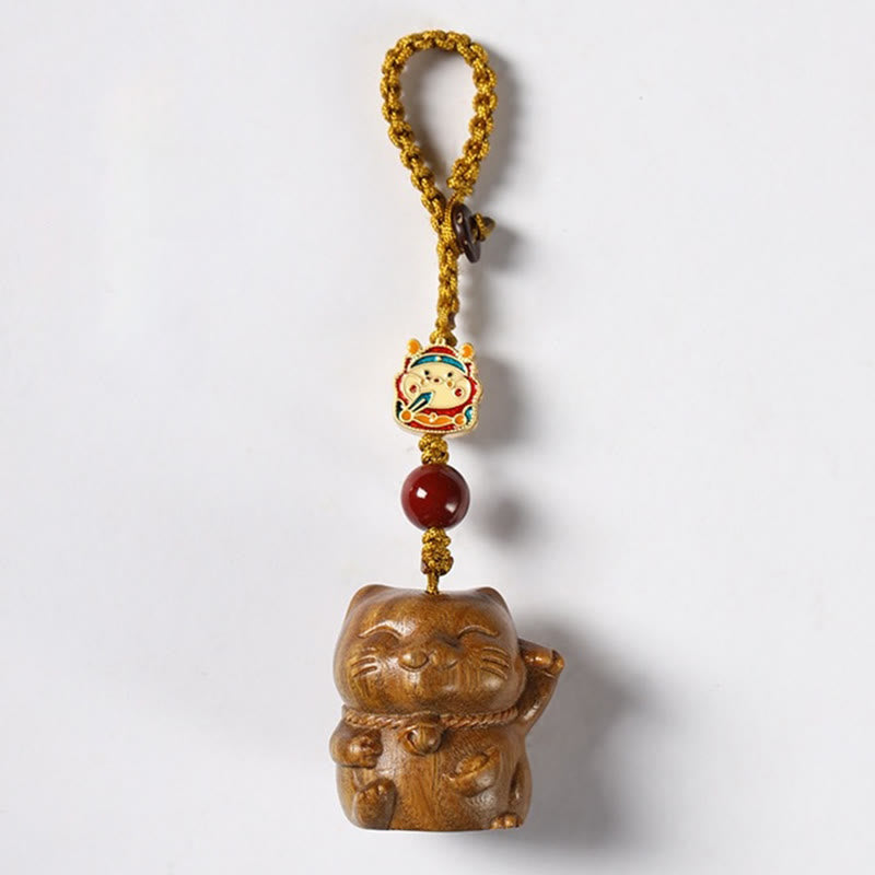 Buddhist Blessing Small Leaf Red Sandalwood Green Sandalwood Sandalwood Lucky Cat Protection Key Chain Phone Hanging Decoration