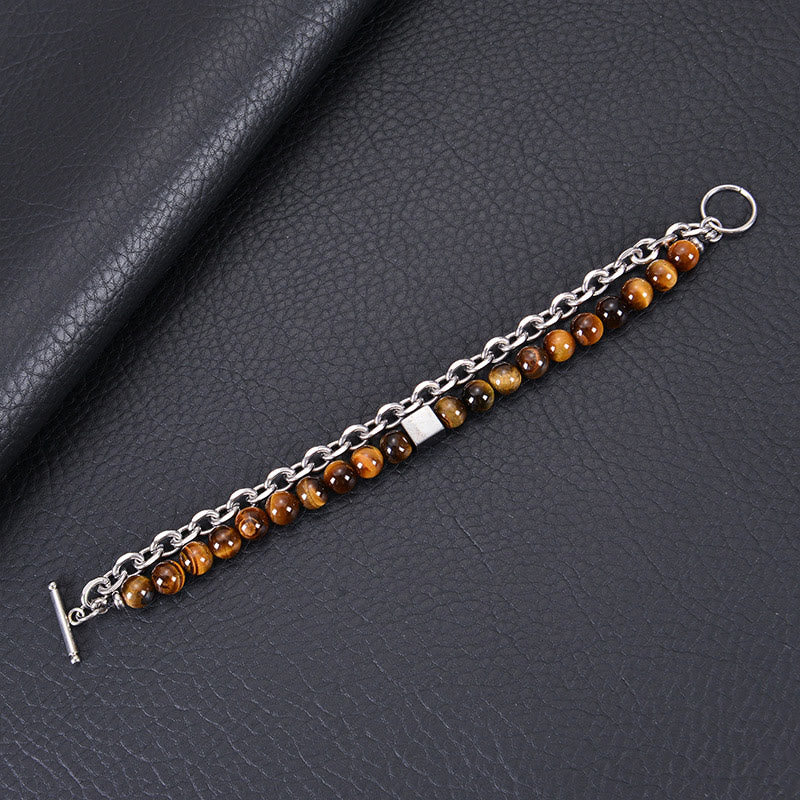 Buddhist Blessing Colorful Tiger Eye Frosted Stone Black Magnetite Titanium Steel Double Wrap Protection Bracelet