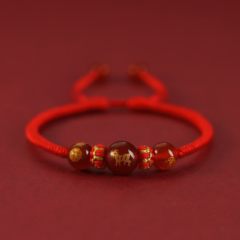 Buddhist Blessing Handmade Red Agate Chinese Zodiac Red String Braided Protection Bracelet