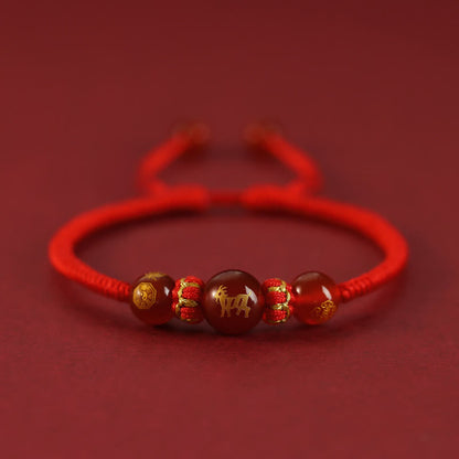 Buddhist Blessing Handmade Red Agate Chinese Zodiac Red String Braided Protection Bracelet