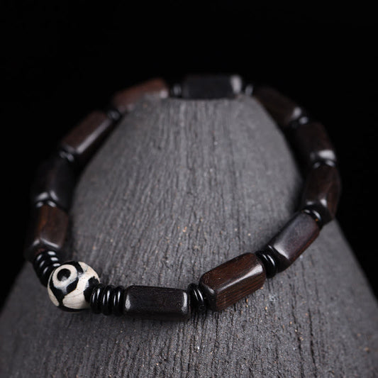 Buddhist Blessing Ebony Wood Rectangular Beads Dzi Bead Balance Bracelet