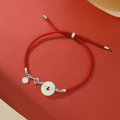 Buddhist Blessing Natural Hetian Jade Peace Buckle 925 Sterling Silver Red String Fu Character Protection Luck Bracelet