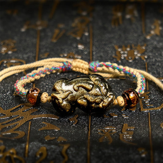 Buddhist Blessing Gold Sheen Obsidian PiXiu Wealth Rope Bracelet