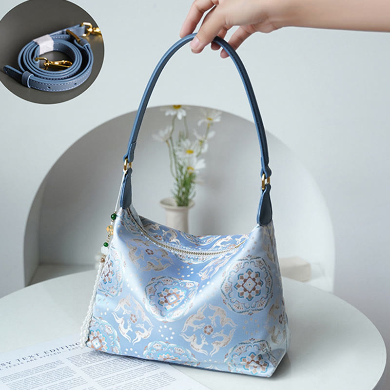 Buddhist Blessing Lotus Bamboo Crane Deer Butterfly Mountain Xiangyunsha Silk Song Brocade Crossbody Bag Shoulder Bag