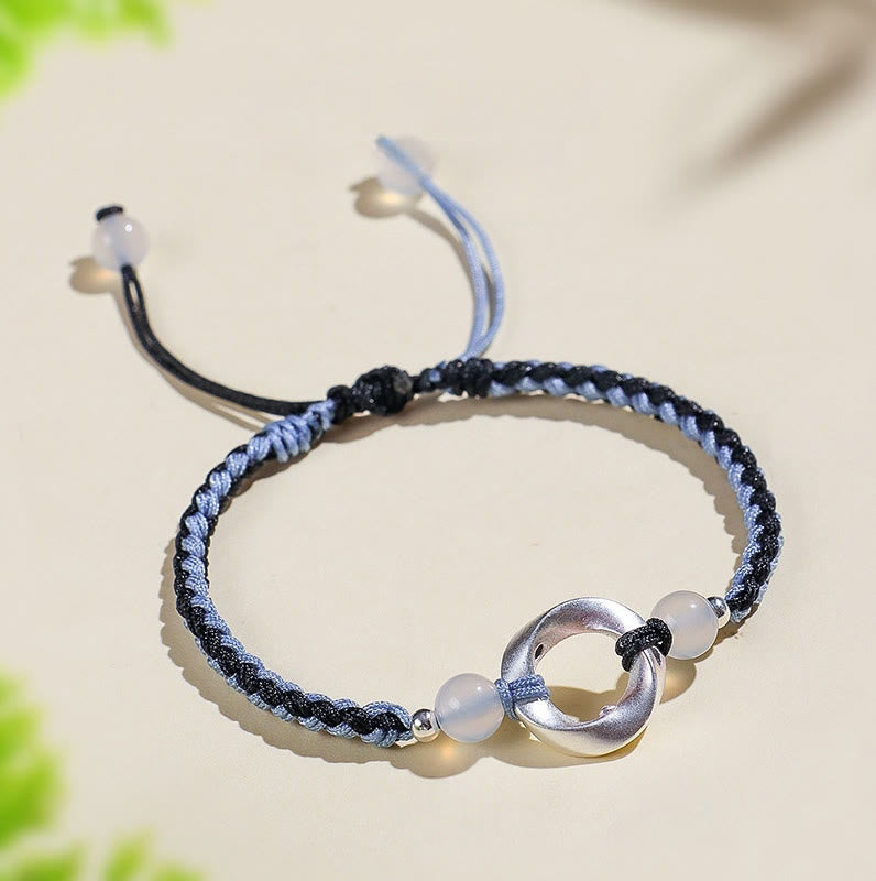 Buddhist Blessing 925 Sterling Silver Mobius White Agate Bead Braided String Protection Bracelet
