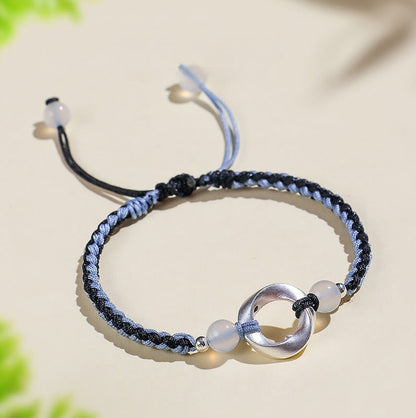 Buddhist Blessing 925 Sterling Silver Mobius White Agate Bead Braided String Protection Bracelet