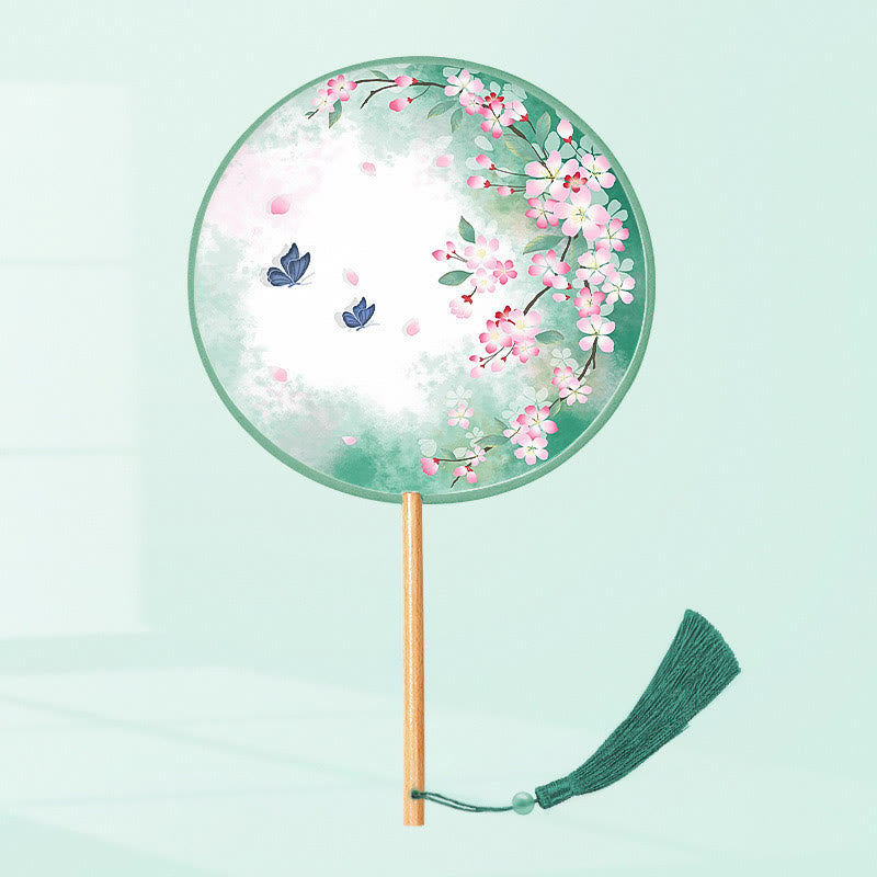 Buddhist Blessing Ginkgo Leaf Koi Fish Cherry Blossom Spring Flowers Handheld Wood Handle Fan
