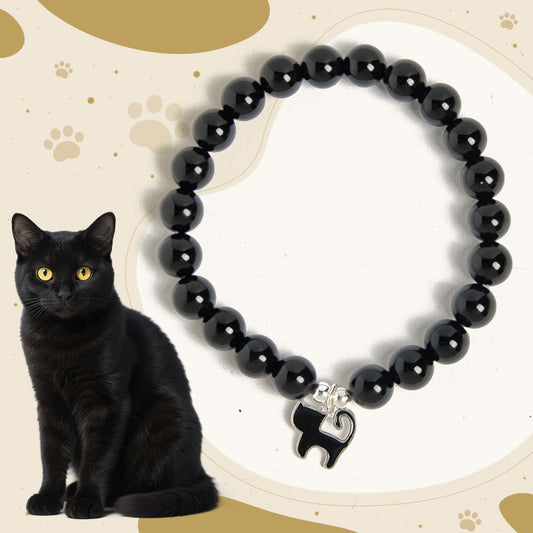 Buddhist Blessing 925 Sterling Silver Kitten Charm Black Cat Natural Black Onyx Protection Bracelet