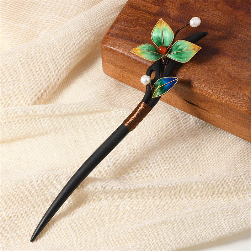 Buddhist Blessing Intangible Cultural Heritage Craft Ebony Wood Silk Flower Butterfly Pearl Blessing Hairpin