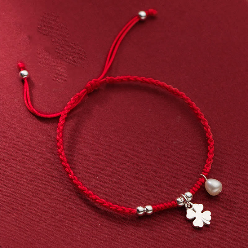 Buddhist Blessing Retro 925 Sterling Silver Four Leaf Clover Pearl Luck Red String Bracelet