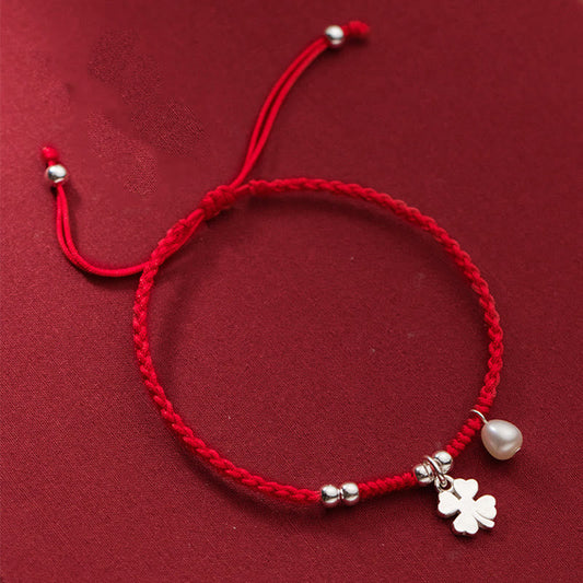 Buddhist Blessing Retro 925 Sterling Silver Four Leaf Clover Pearl Luck Red String Bracelet