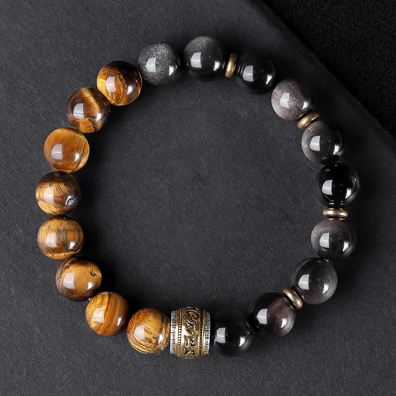 Buddhist Blessing Natural Silver Sheen Obsidian Tiger's Eye Six True Words 'Om Mani Padme Hum' Strength Bracelet