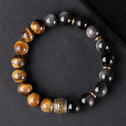 Buddhist Blessing Natural Silver Sheen Obsidian Tiger's Eye Six True Words 'Om Mani Padme Hum' Strength Bracelet
