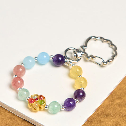 Buddhist Blessing Natural Strawberry Quartz Amethyst Citrine Aquamarine Flower Key Chain Hanging Decoration