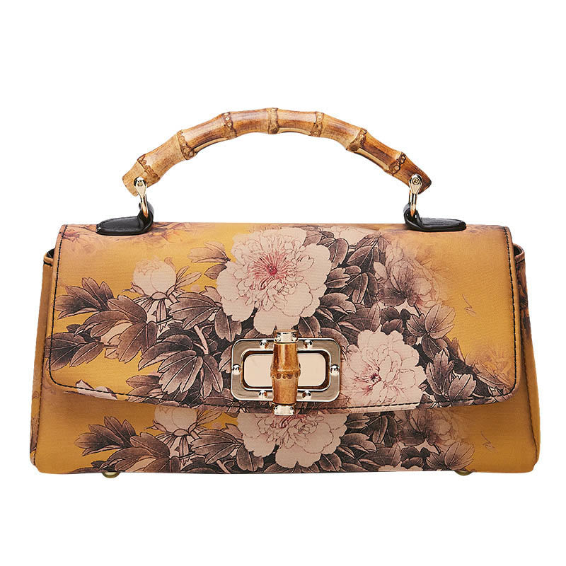 Buddhist Blessing Flower Pattern Bamboo Handle Metal Chain Crossbody Bag Handbags