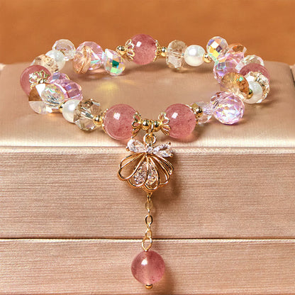 Buddhist Blessing Natural Strawberry Quartz Pearl Shell Positive Bracelet