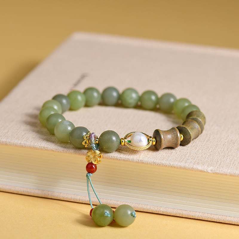 Buddhist Blessing Jade Sandalwood Bamboo Pearl Prosperity Bracelet