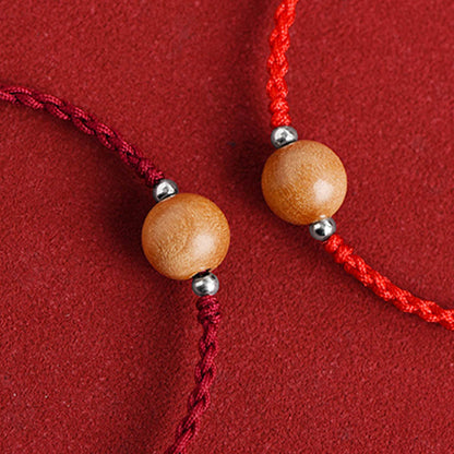 Buddhist Blessing Natural Peach Wood Bead Luck Braided Bracelet Anklet