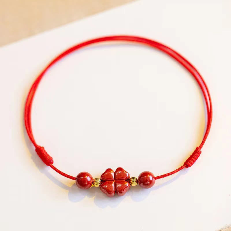 Buddhist Blessing Cinnabar Four Leaf Clover Blessing String Rope Anklet
