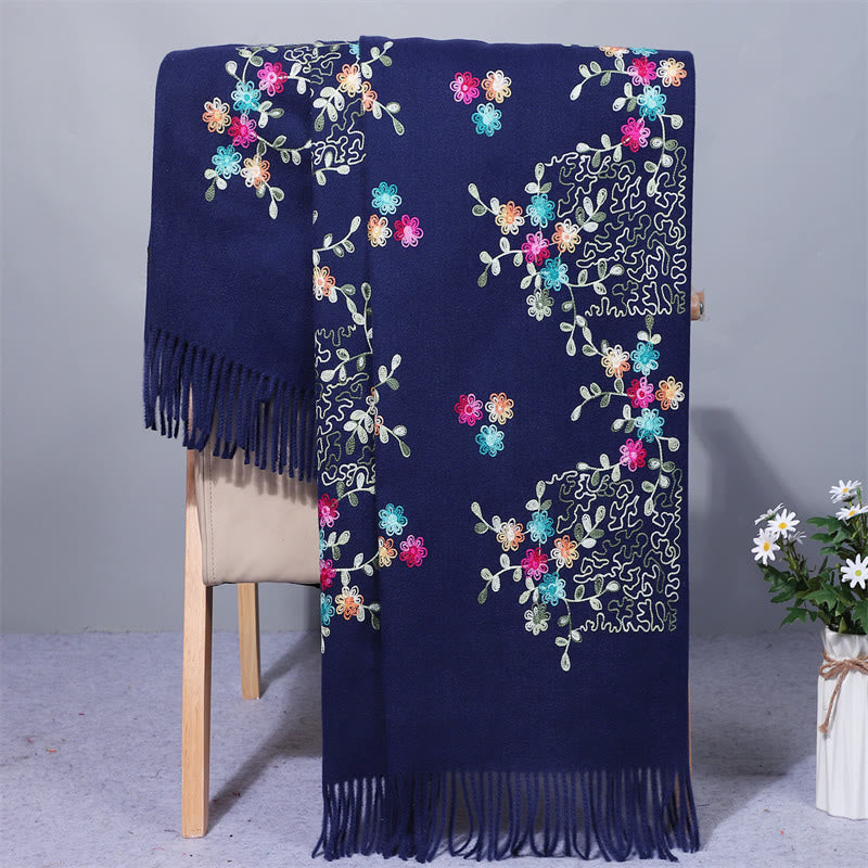 Buddhist Blessing Rayon Fabric Shawl Colorful Small Flowers Embroidery Tassel Winter Cozy Travel Scarf Wrap